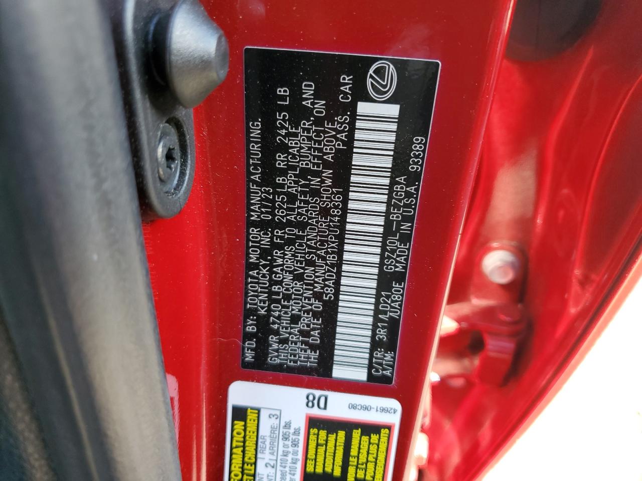 2023 LEXUS ES 350 BASE VIN:58ADZ1B1XPU148361