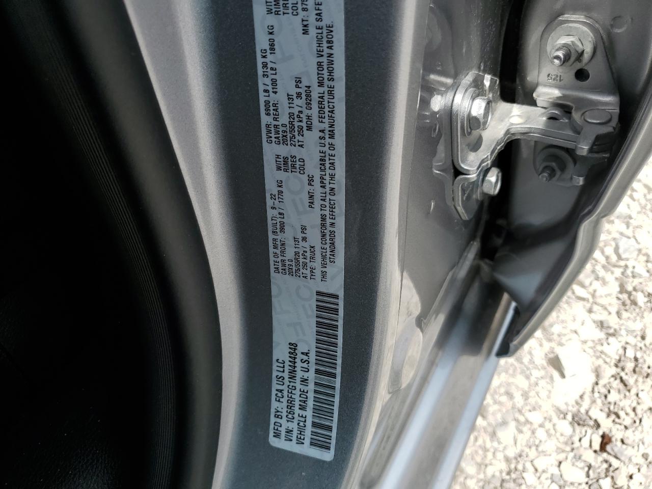 2022 RAM 1500 BIG HORN/LONE STAR VIN:1C6RRFFG1NN444848