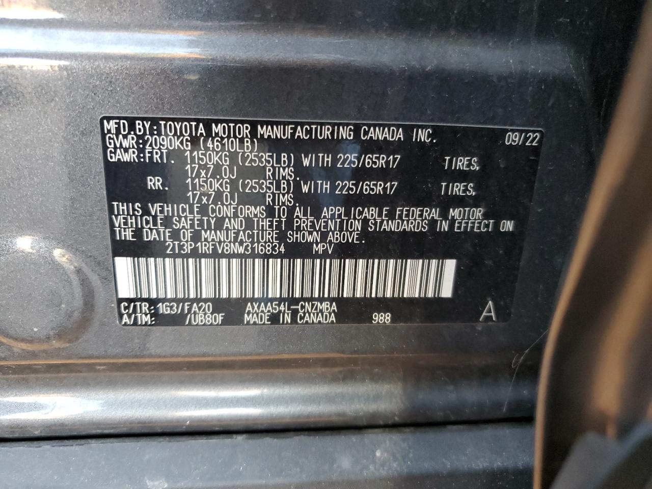 2022 TOYOTA RAV4 XLE VIN:2T3P1RFV8NW316834