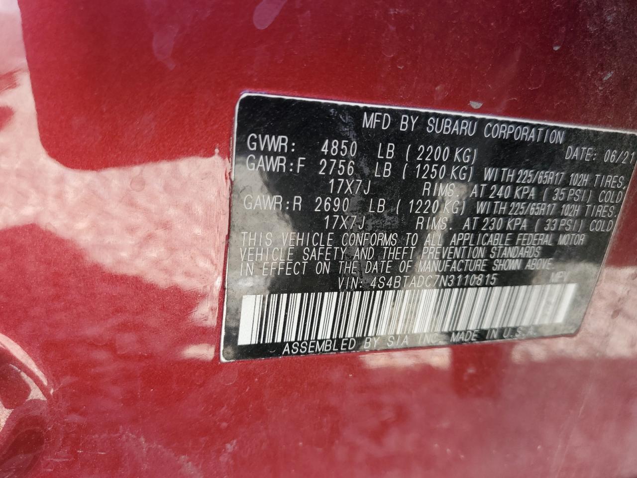 2022 SUBARU OUTBACK PREMIUM VIN:4S4BTADC7N3110815