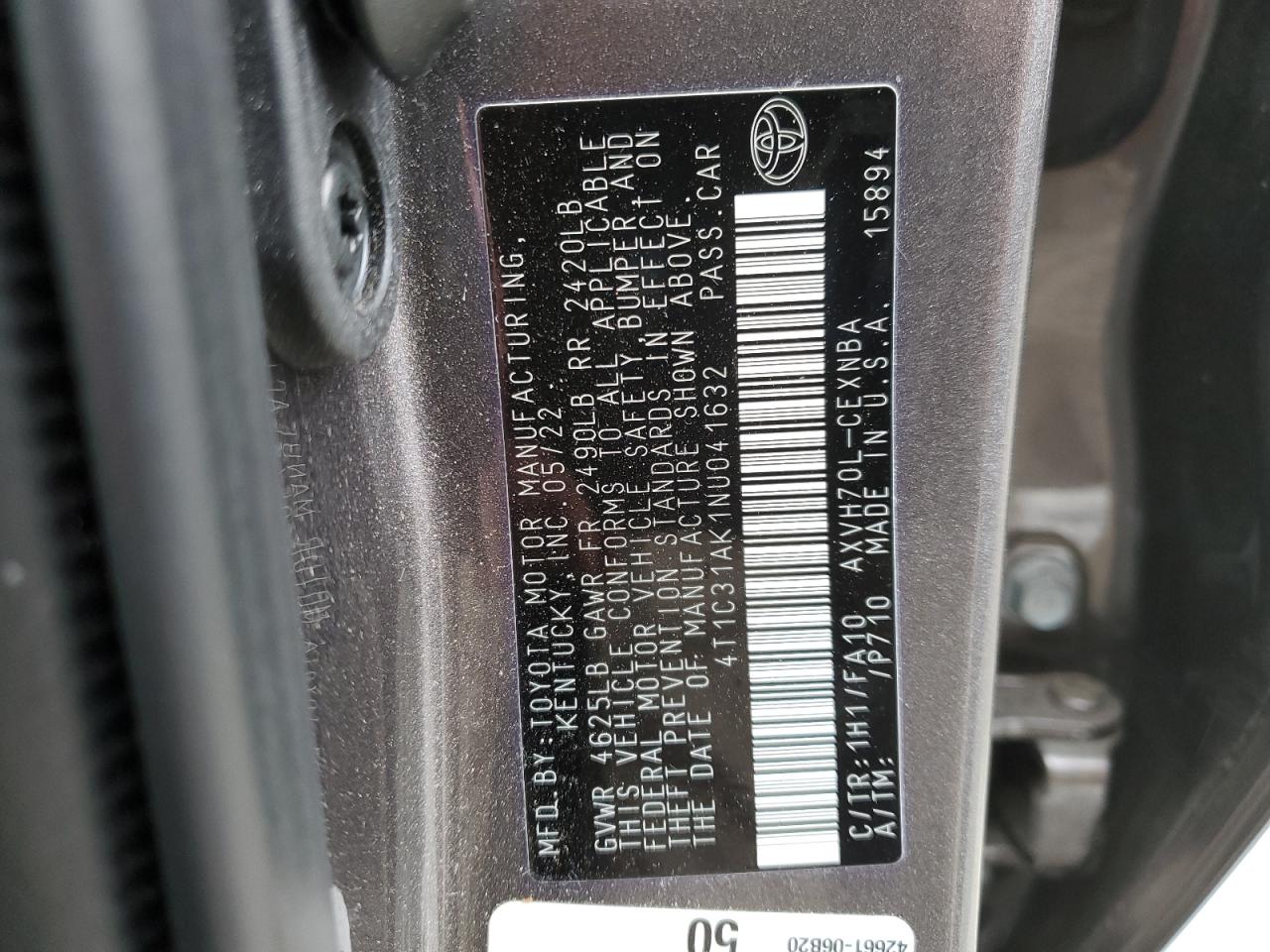 2022 TOYOTA CAMRY LE VIN:4T1C31AK1NU041632