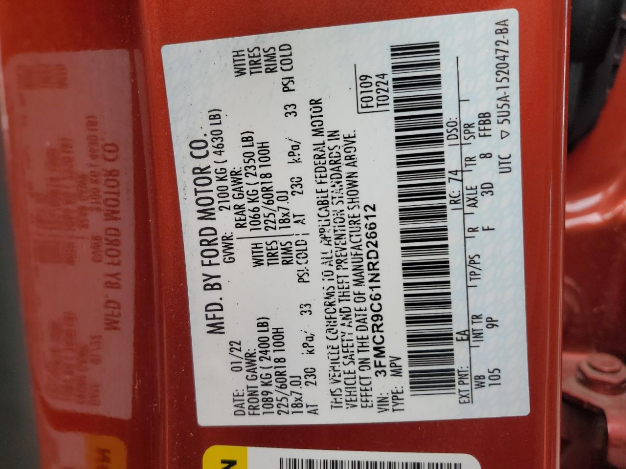 2022 FORD BRONCO SPORT OUTER BANKS VIN:3FMCR9C61NRD26612