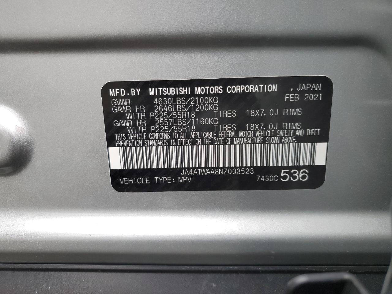 2022 MITSUBISHI ECLIPSE CROSS SE VIN:JA4ATWAA8NZ003523