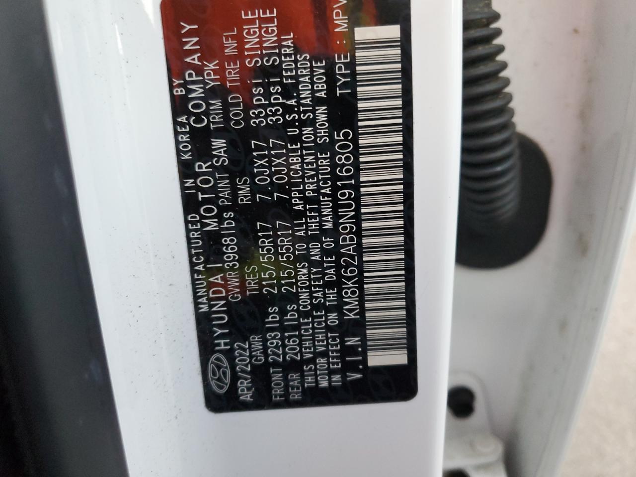 2022 HYUNDAI KONA SEL VIN:KM8K62AB9NU916805