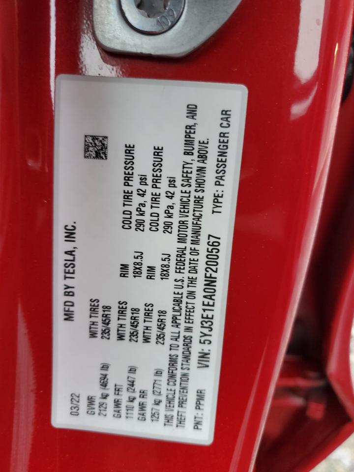 2022 TESLA MODEL 3  VIN:5YJ3E1EA0NF200567