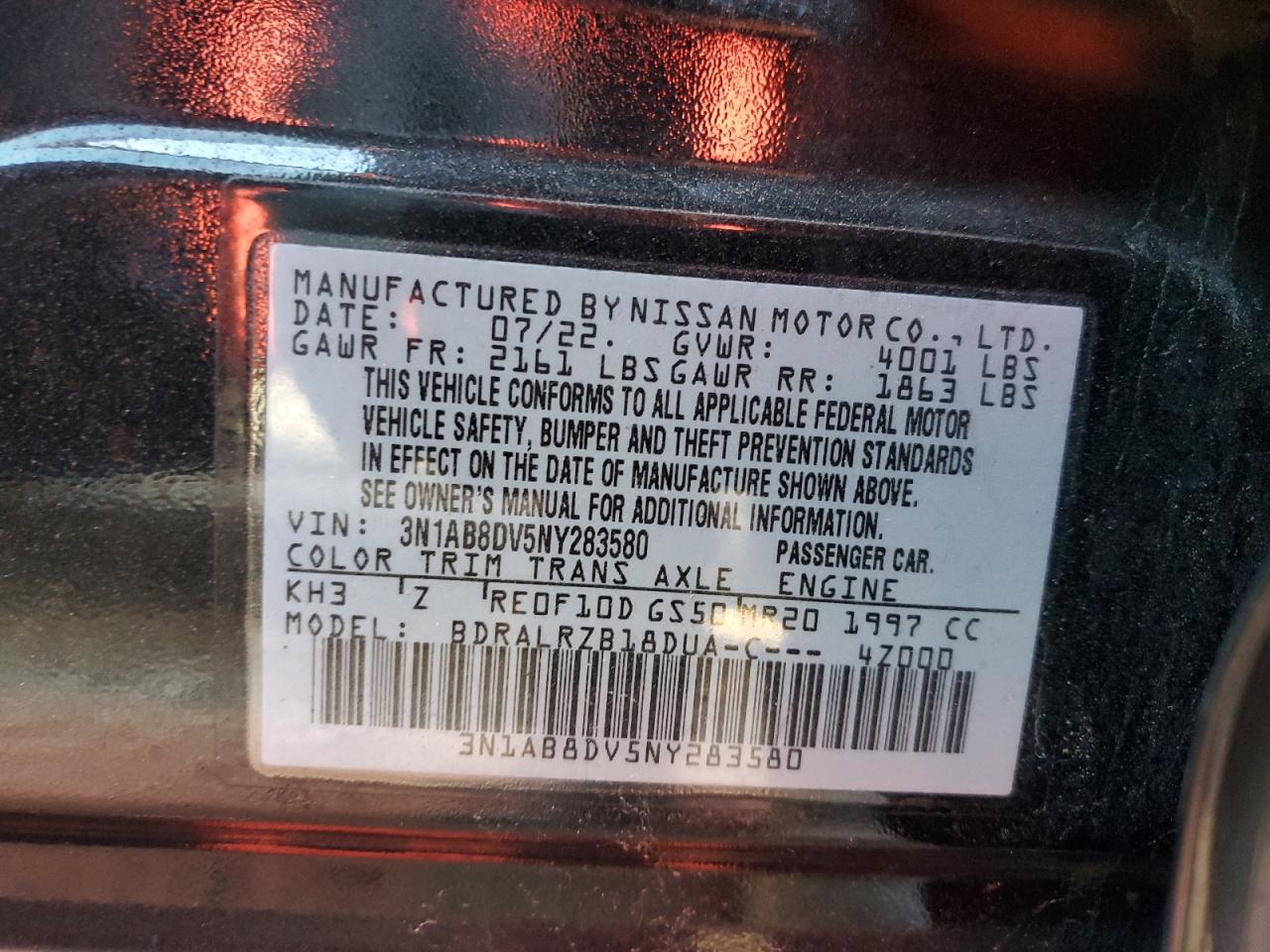 2022 NISSAN SENTRA SR VIN:3N1AB8DV5NY283580