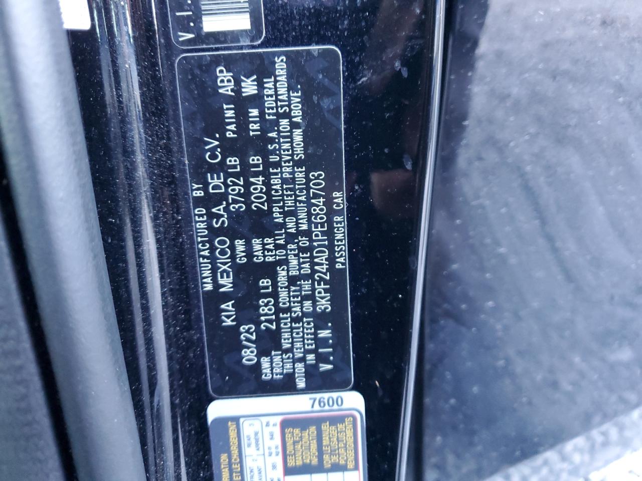2023 KIA FORTE LX VIN:3KPF24AD1PE684703