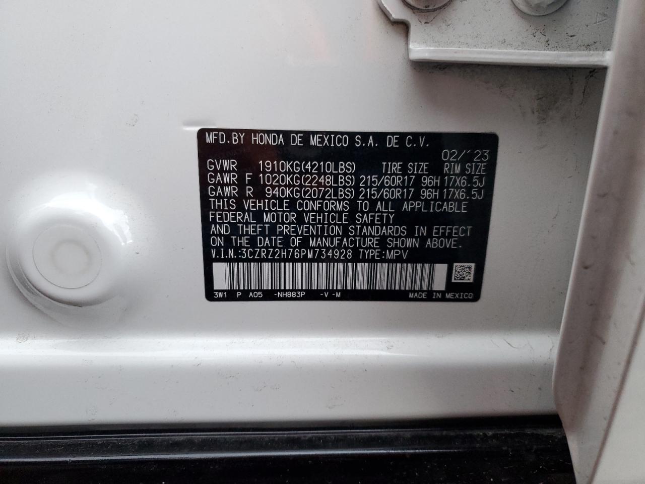 2023 HONDA HR-V EXL VIN:3CZRZ2H76PM734928