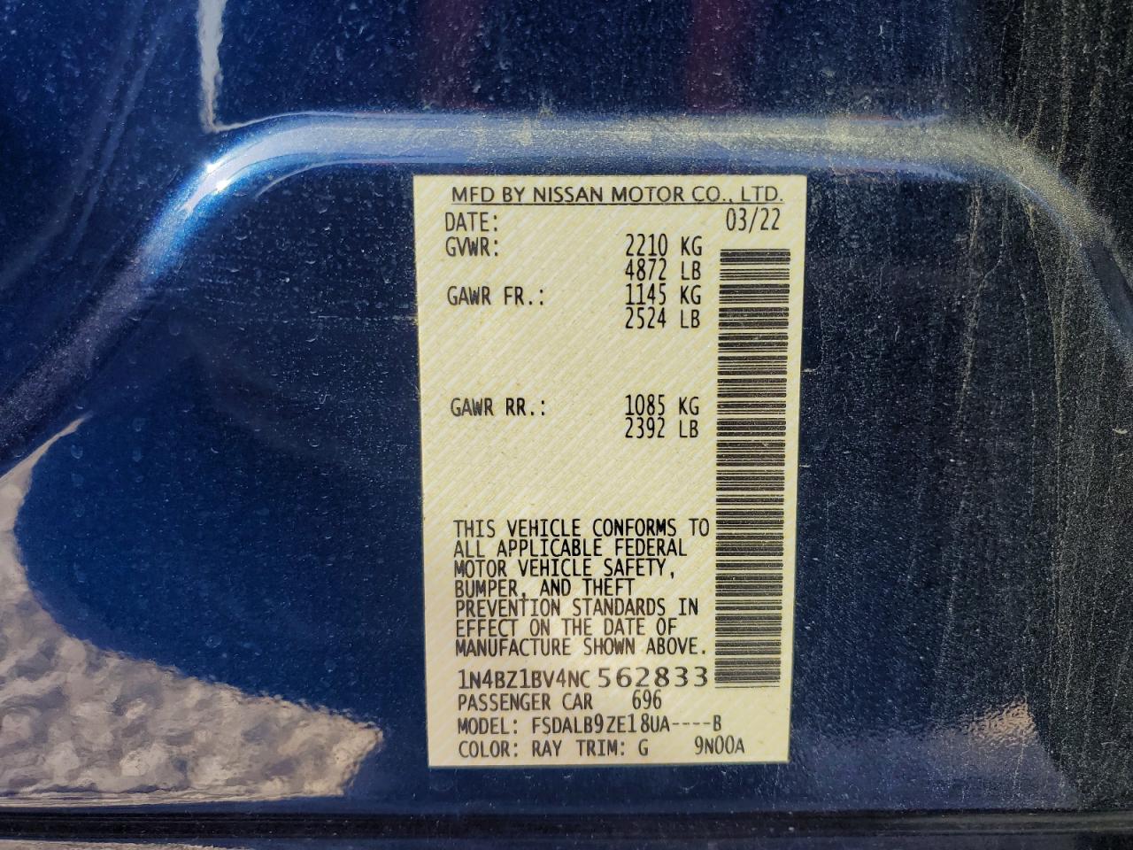 2022 NISSAN LEAF S PLUS VIN:1N4BZ1BV4NC562833