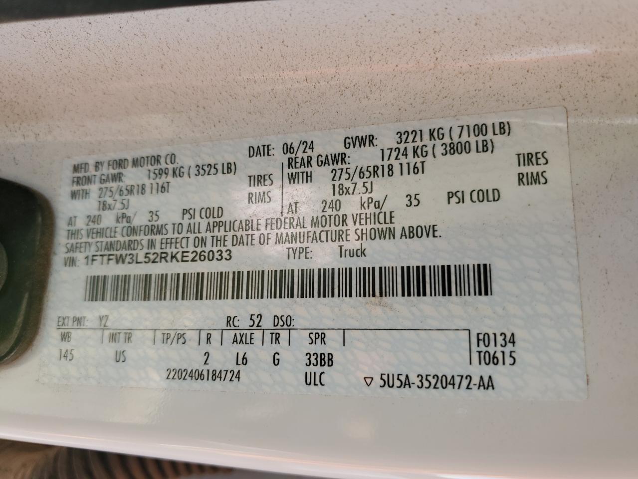 2024 FORD F150 XLT VIN:1FTFW3L52RKE26033