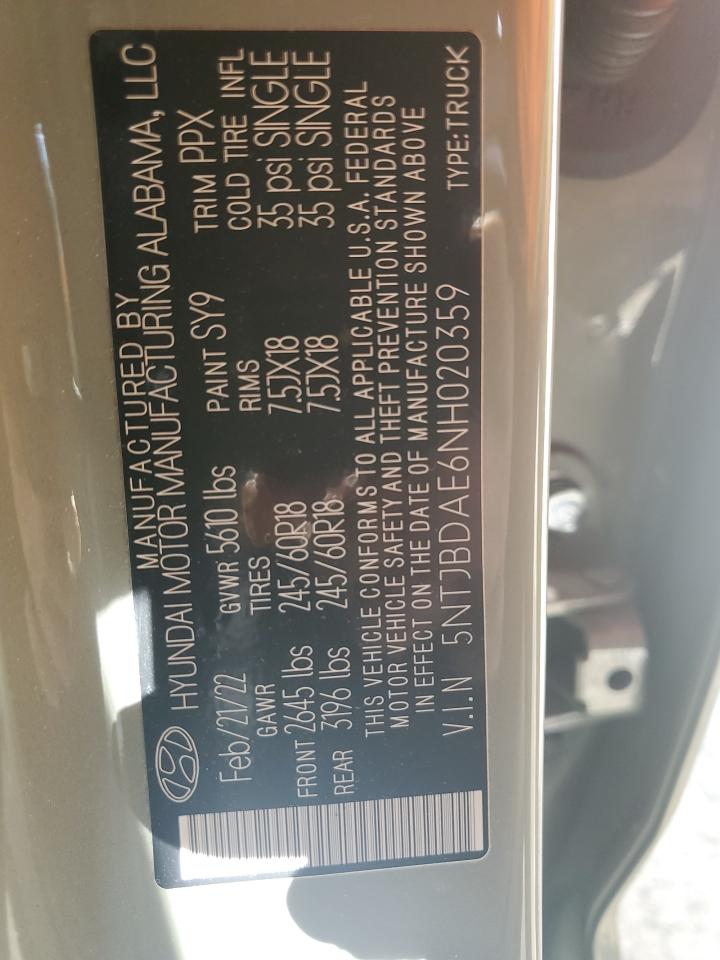 2022 HYUNDAI SANTA CRUZ SEL VIN:5NTJBDAE6NH020359