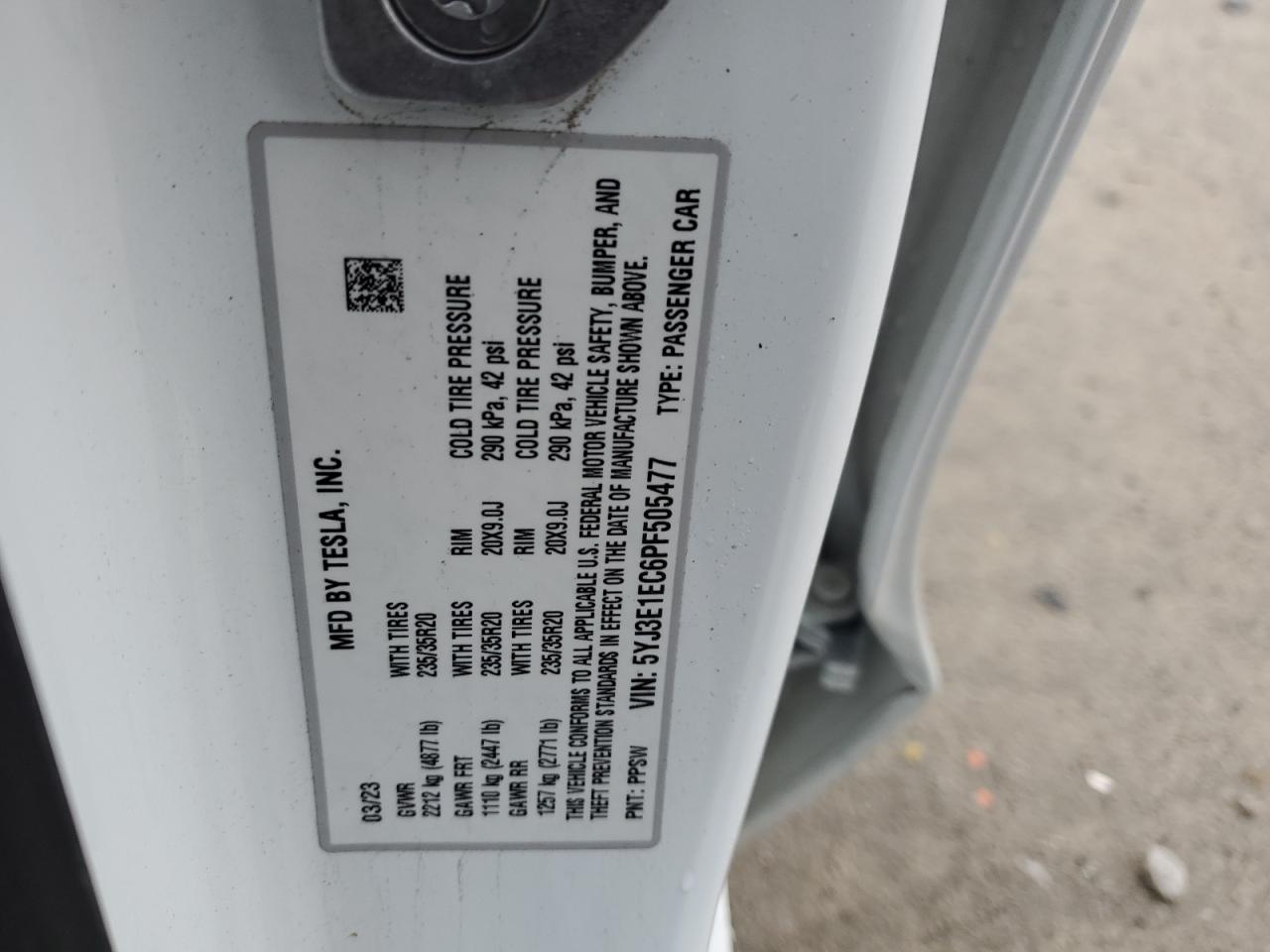 2023 TESLA MODEL 3  VIN:5YJ3E1EC6PF505477