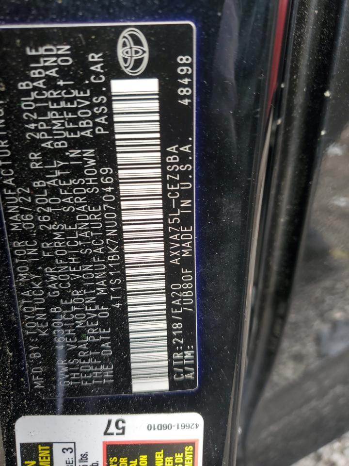 2022 TOYOTA CAMRY SE VIN:4T1S11BK7NU070469