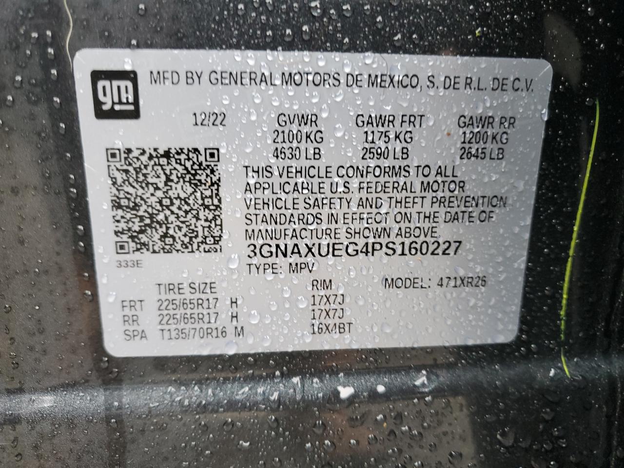 2023 CHEVROLET EQUINOX LT VIN:3GNAXUEG4PS160227