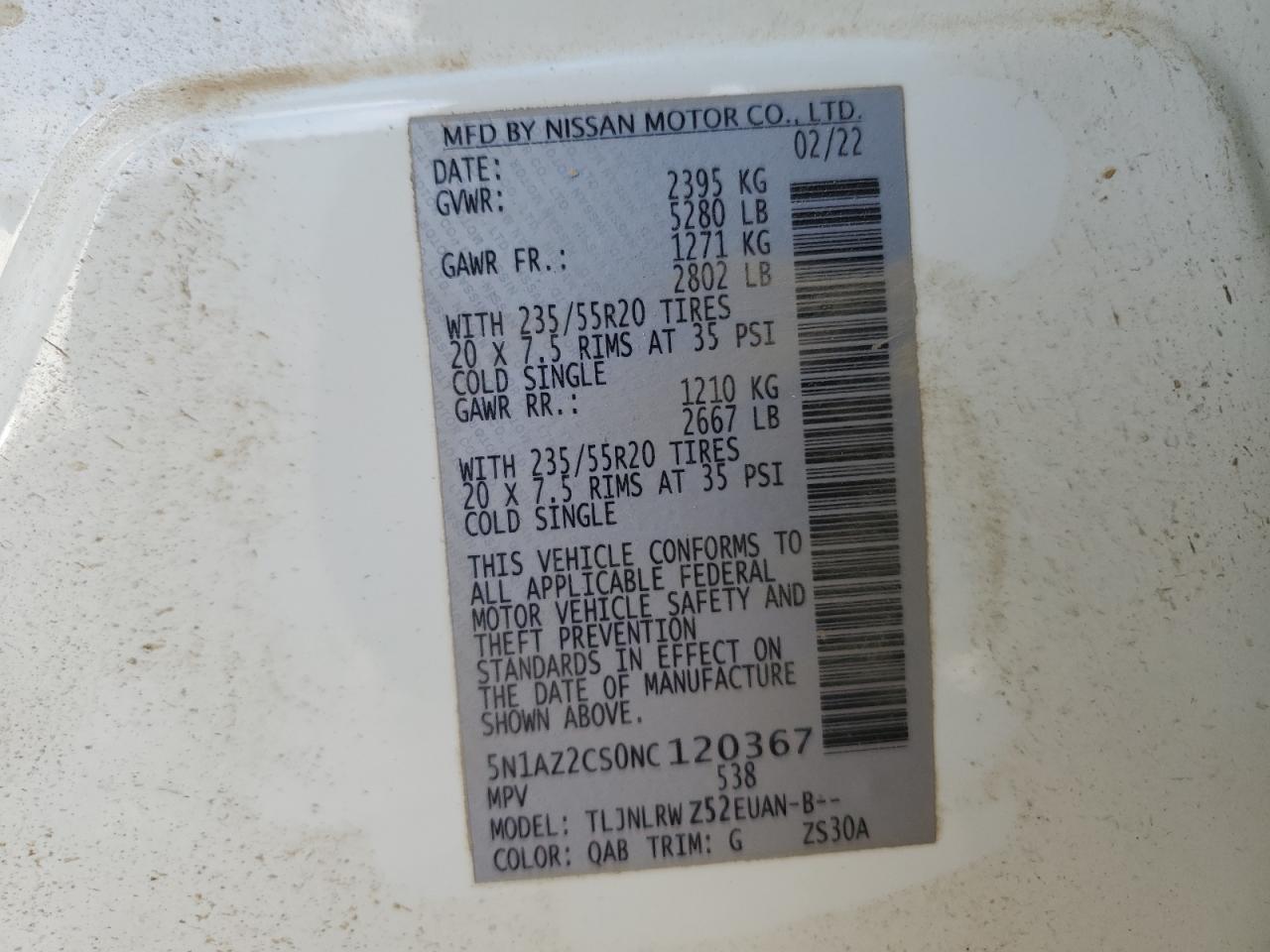 2022 NISSAN MURANO SL VIN:5N1AZ2CS0NC120367