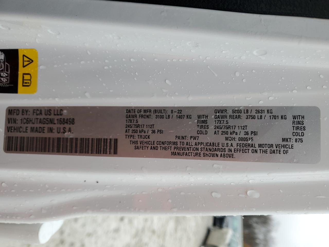 2022 JEEP GLADIATOR SPORT VIN:1C6HJTAG5NL168498
