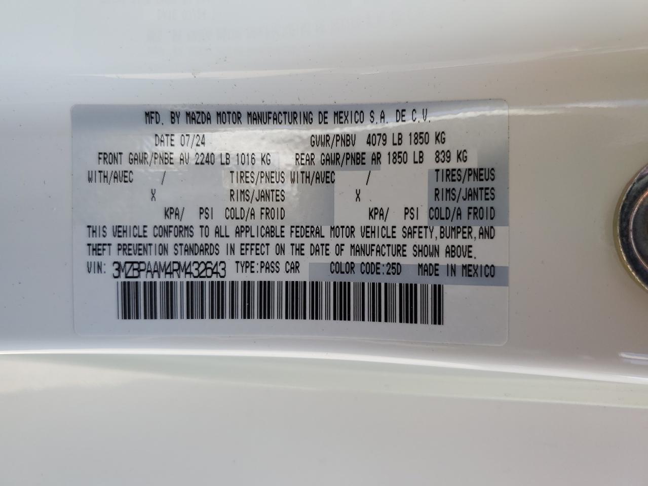 2024 MAZDA 3  VIN:3MZBPAAM4RM432643