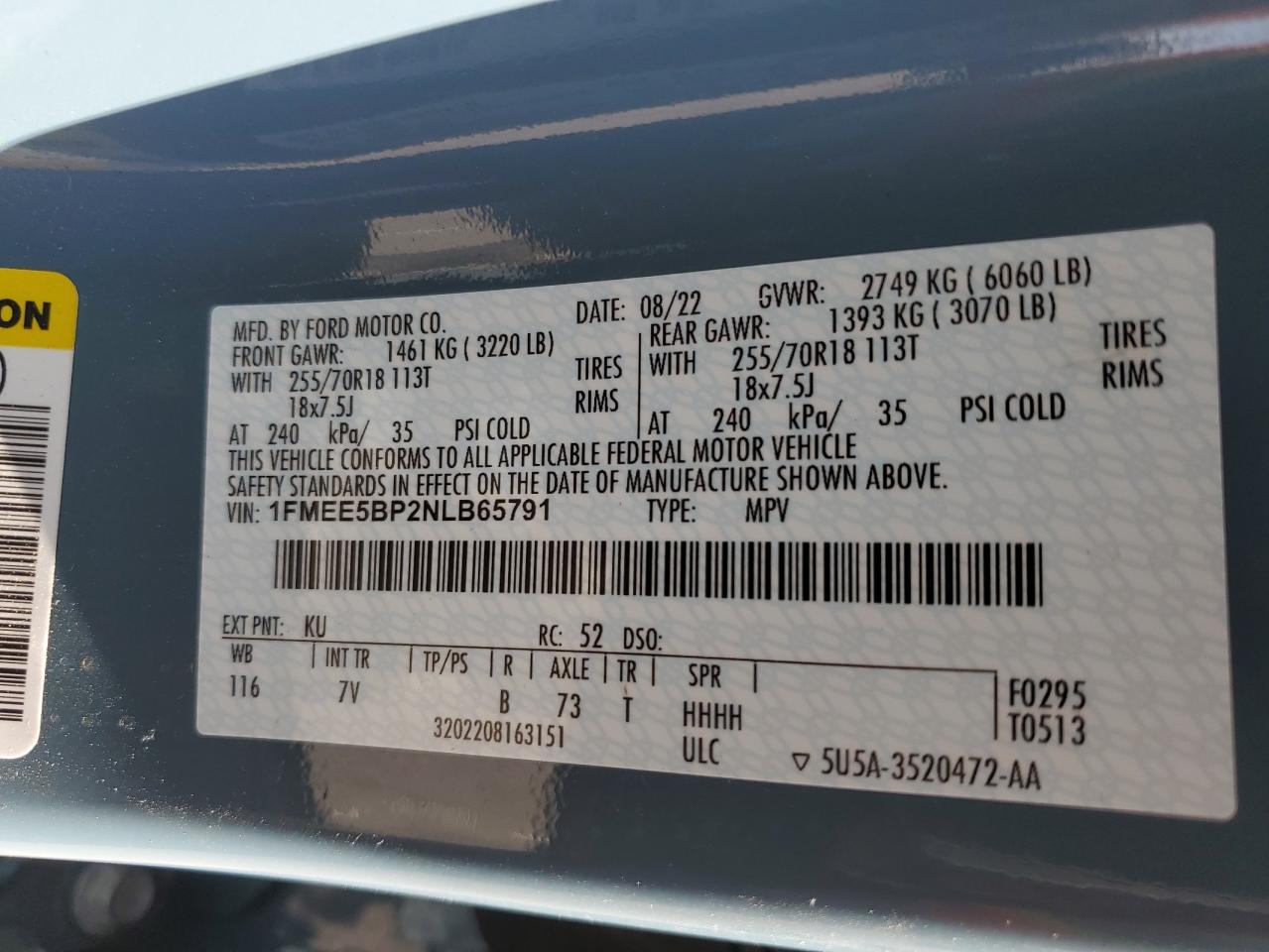 2022 FORD BRONCO BASE VIN:1FMEE5BP2NLB65791