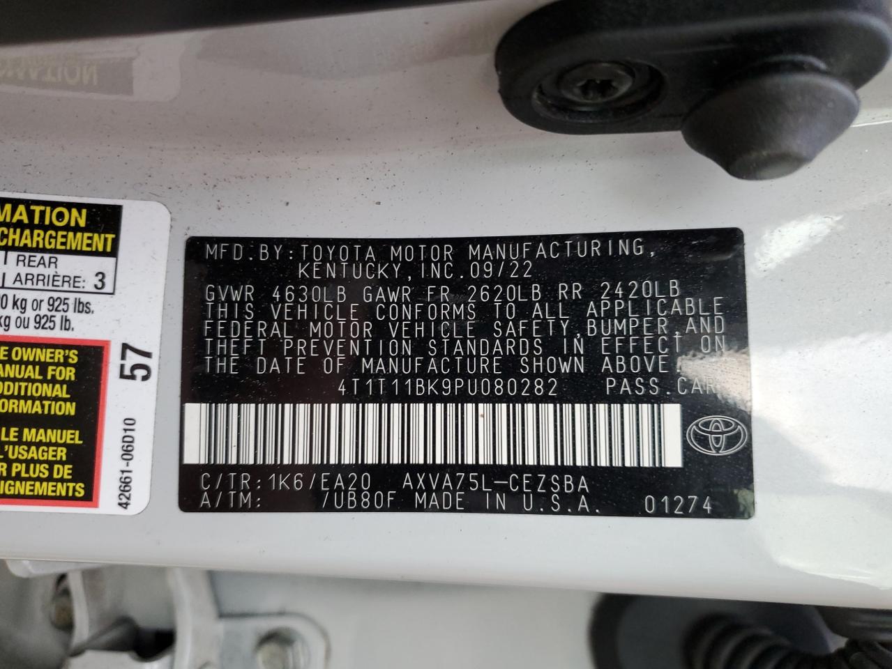 2023 TOYOTA CAMRY SE NIGHT SHADE VIN:4T1T11BK9PU080282