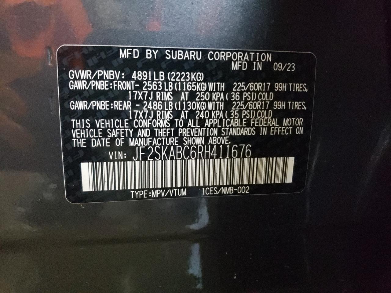 2024 SUBARU FORESTER  VIN:JF2SKABC6RH411676