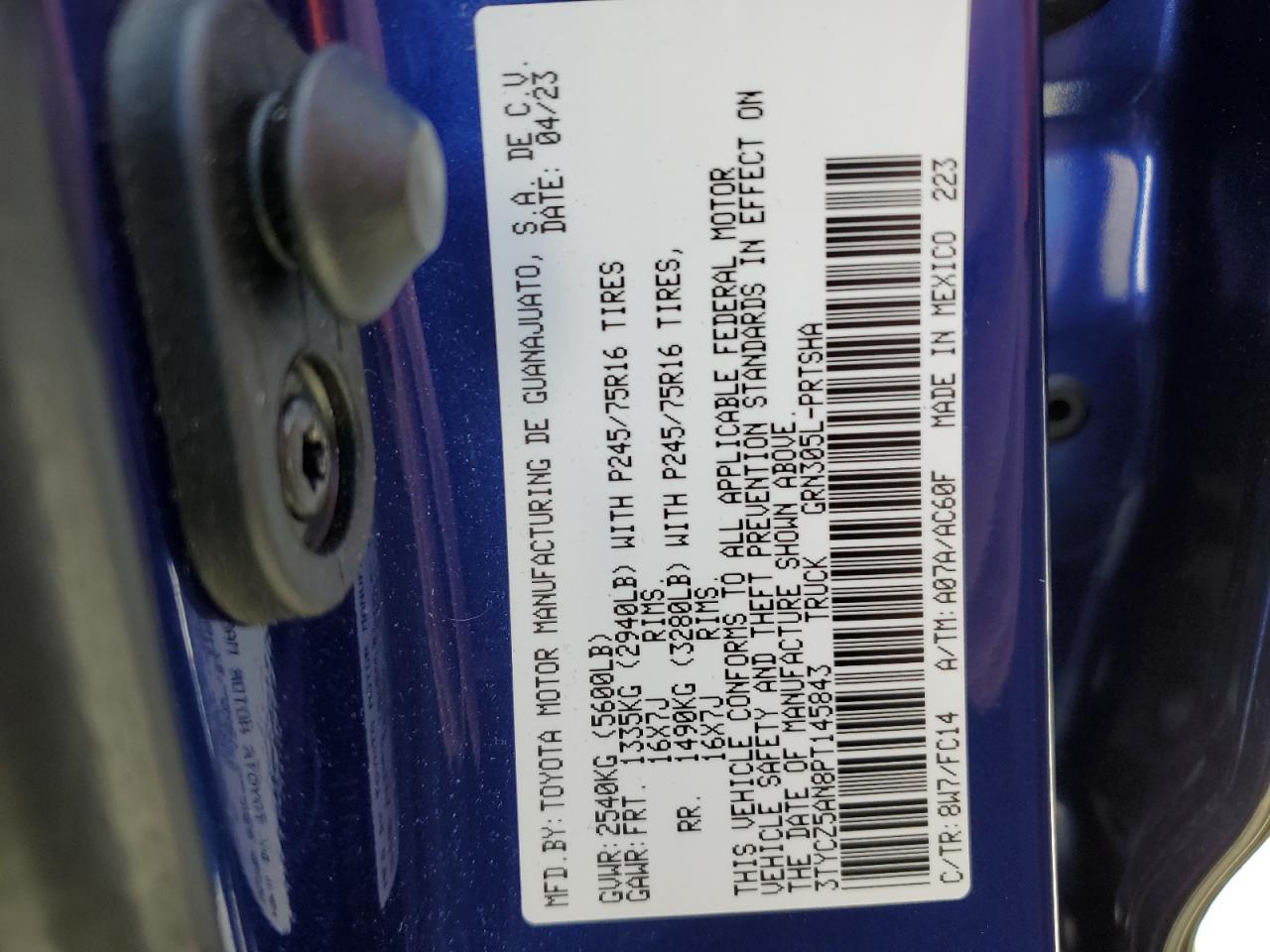 2023 TOYOTA TACOMA DOUBLE CAB VIN:3TYCZ5AN8PT145843