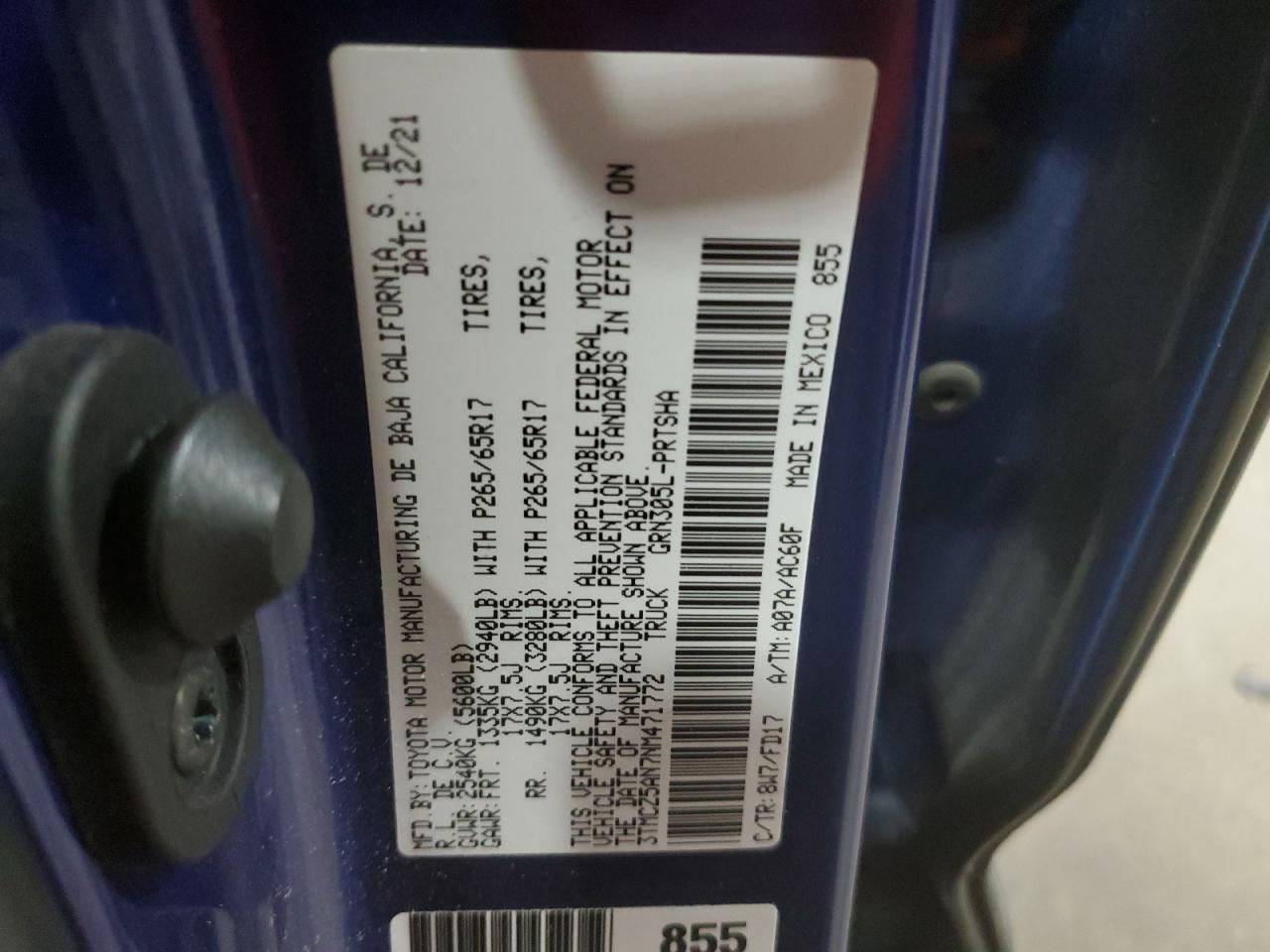 2022 TOYOTA TACOMA DOUBLE CAB VIN:3TMCZ5AN7NM471772