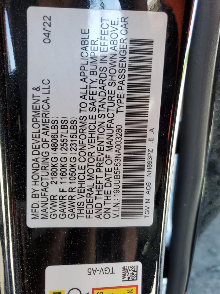 2022 ACURA TLX TECH A VIN:19UUB5F53NA003280