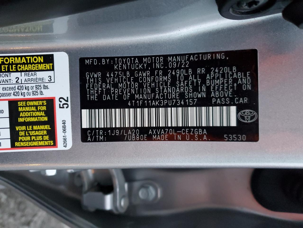 2023 TOYOTA CAMRY XLE VIN:4T1F11AK3PU734157