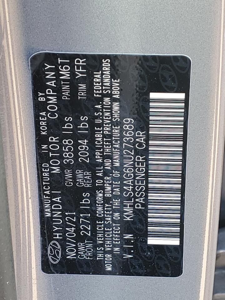 2022 HYUNDAI ELANTRA SEL VIN:KMHLS4AG6NU273689