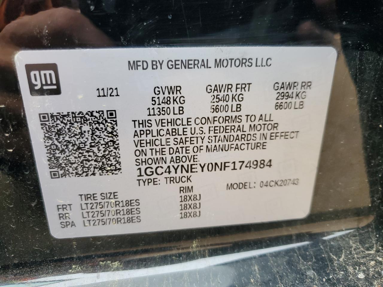 2022 CHEVROLET SILVERADO K2500 HEAVY DUTY LT VIN:1GC4YNEY0NF174984