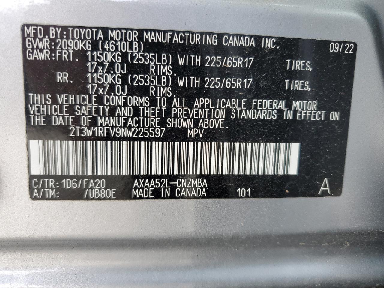2022 TOYOTA RAV4 XLE VIN:2T3W1RFV9NW225597