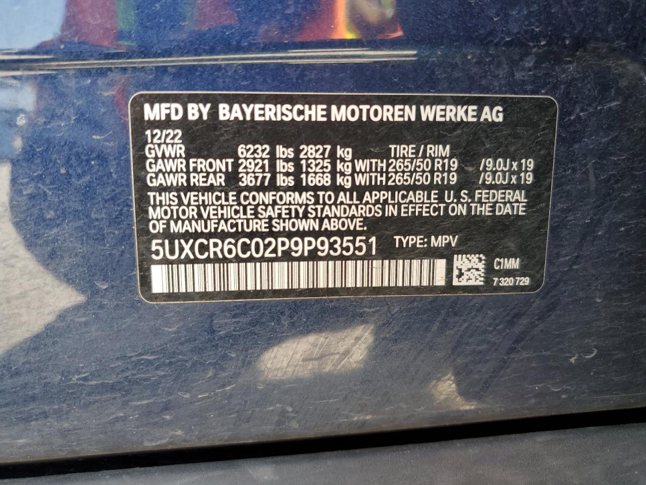 2023 BMW X5 XDRIVE40I VIN:5UXCR6C02P9P93551