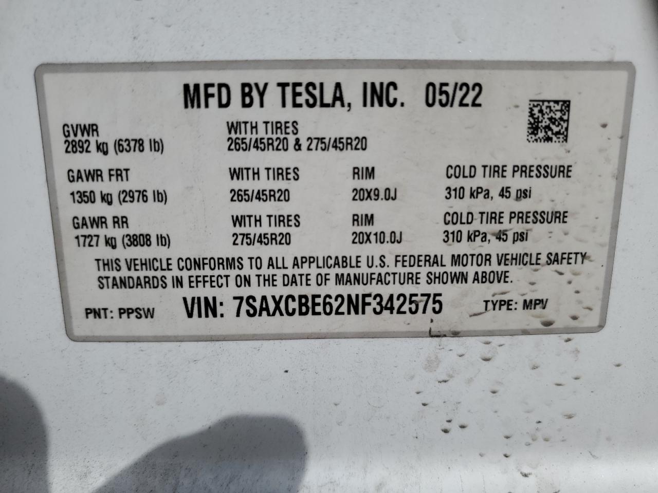 2022 TESLA MODEL X  VIN:7SAXCBE62NF342575