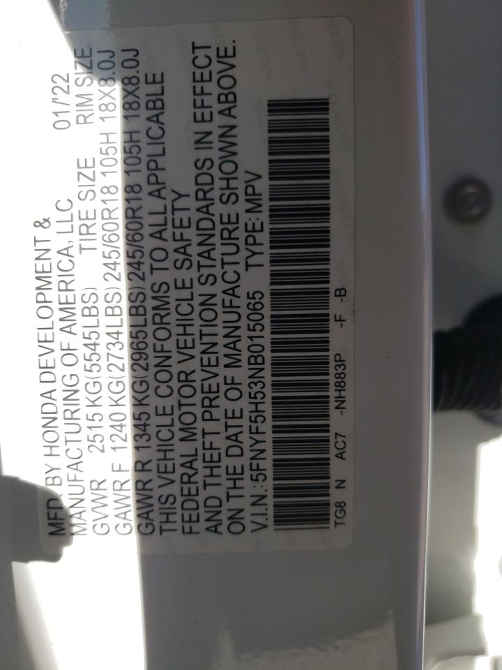 2022 HONDA PILOT EXL VIN:5FNYF5H53NB015065