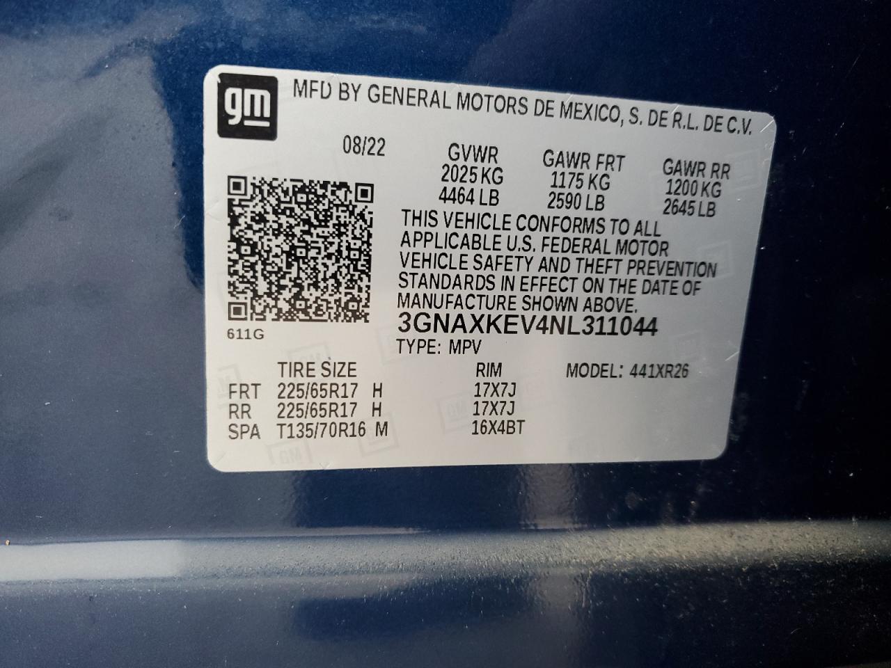 2022 CHEVROLET EQUINOX LT VIN:3GNAXKEV4NL311044