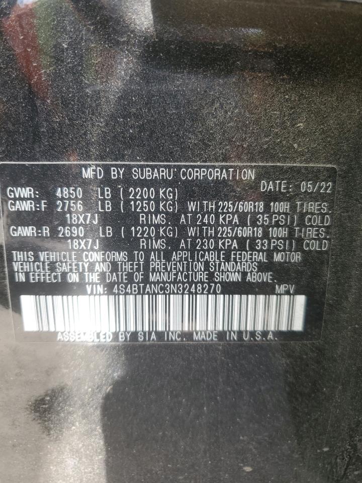 2022 SUBARU OUTBACK LIMITED VIN:4S4BTANC3N3248270