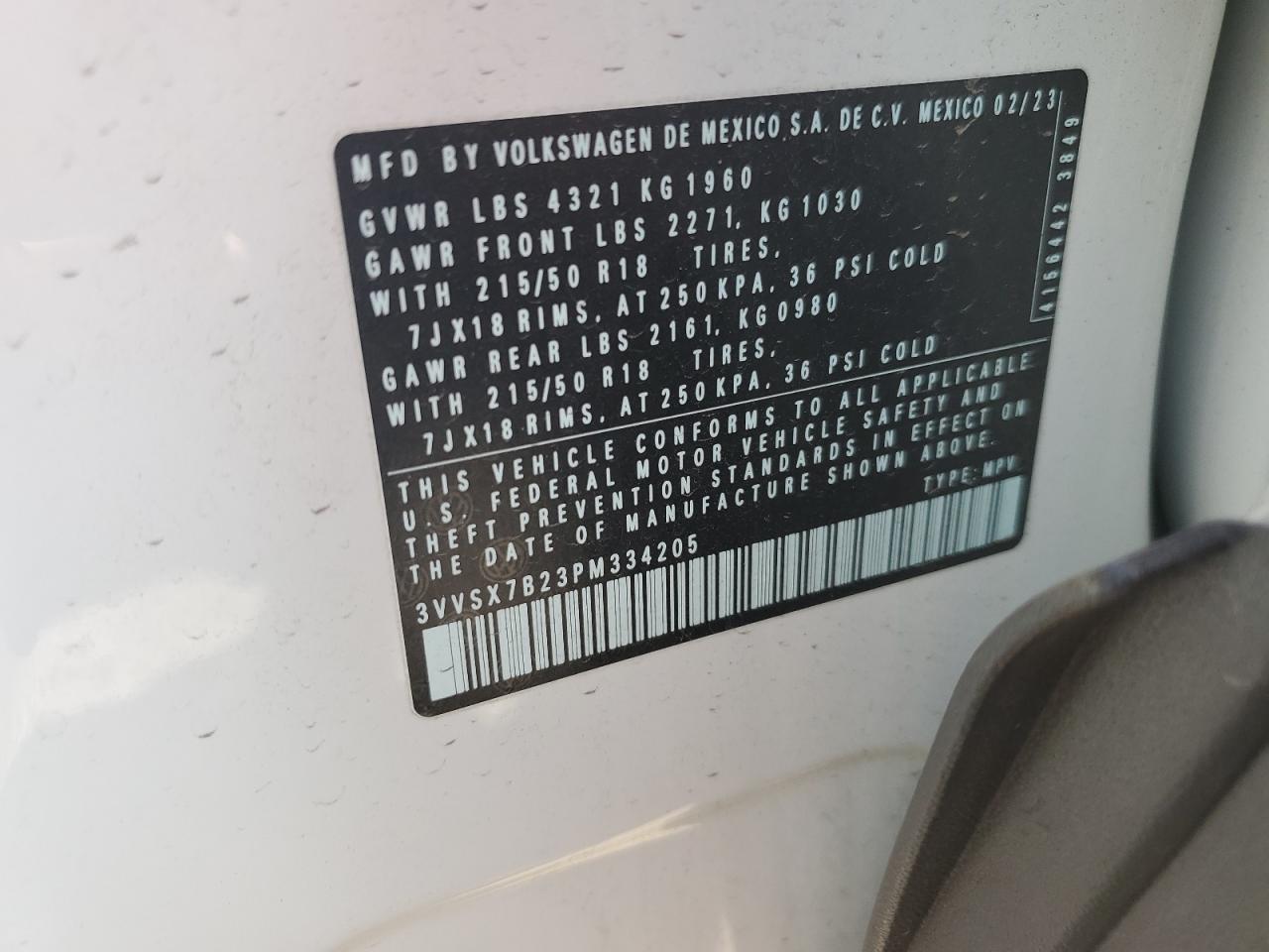 2023 VOLKSWAGEN TAOS SE VIN:3VVSX7B23PM334205