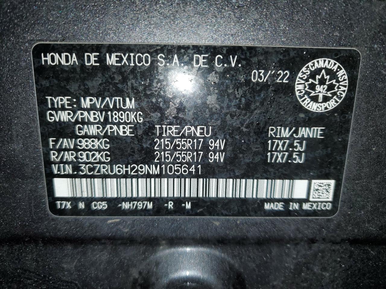 2022 HONDA HR-V SPORT VIN:3CZRU6H29NM105641
