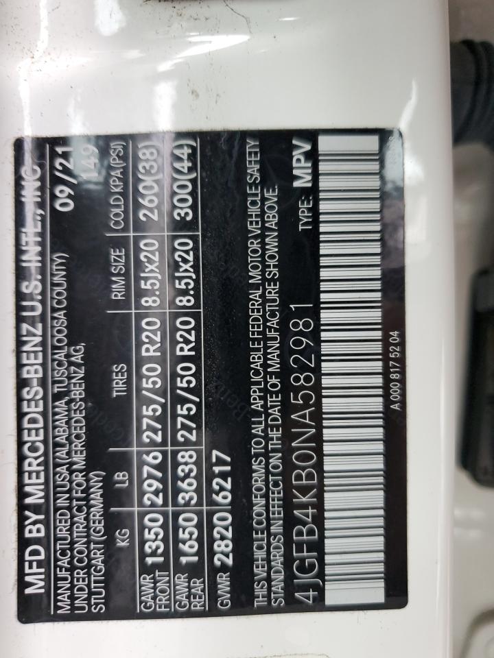 2022 MERCEDES-BENZ GLE 350 4MATIC VIN:4JGFB4KB0NA582981