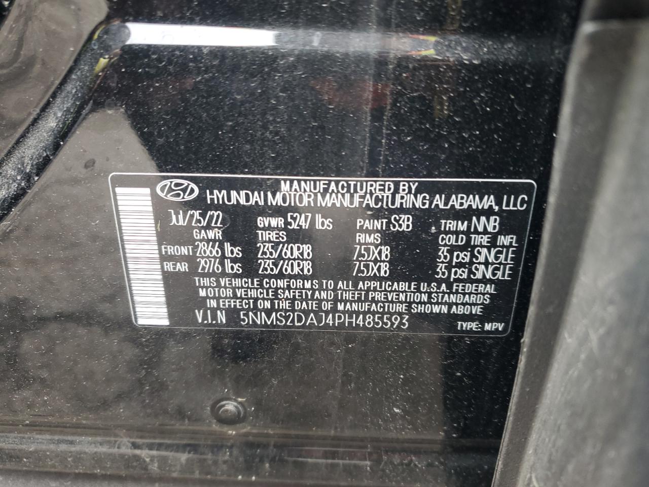 2023 HYUNDAI SANTA FE SEL VIN:5NMS2DAJ4PH485593