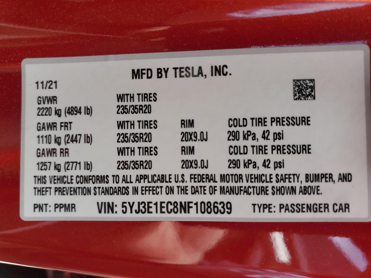 2022 TESLA MODEL 3  VIN:5YJ3E1EC8NF108639