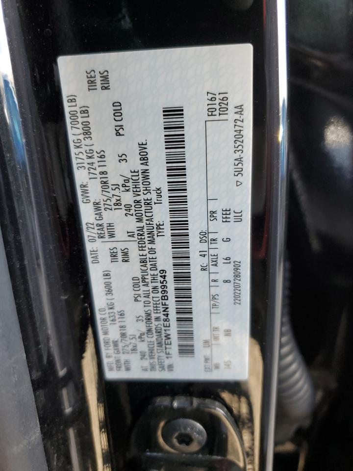 2022 FORD F150 SUPERCREW VIN:1FTEW1E84NFB99549