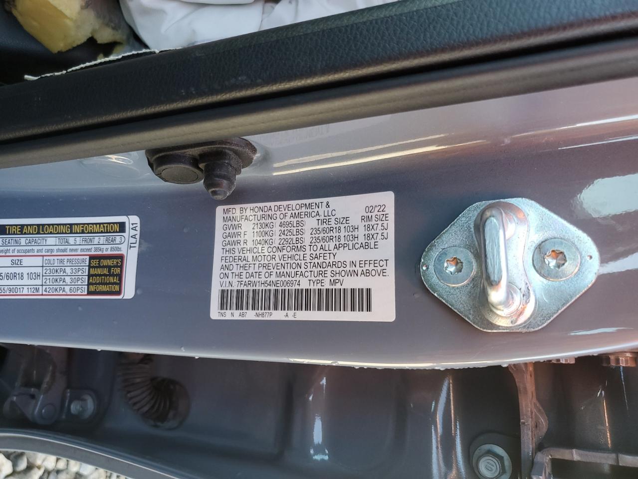 2022 HONDA CR-V EX VIN:7FARW1H54NE006974