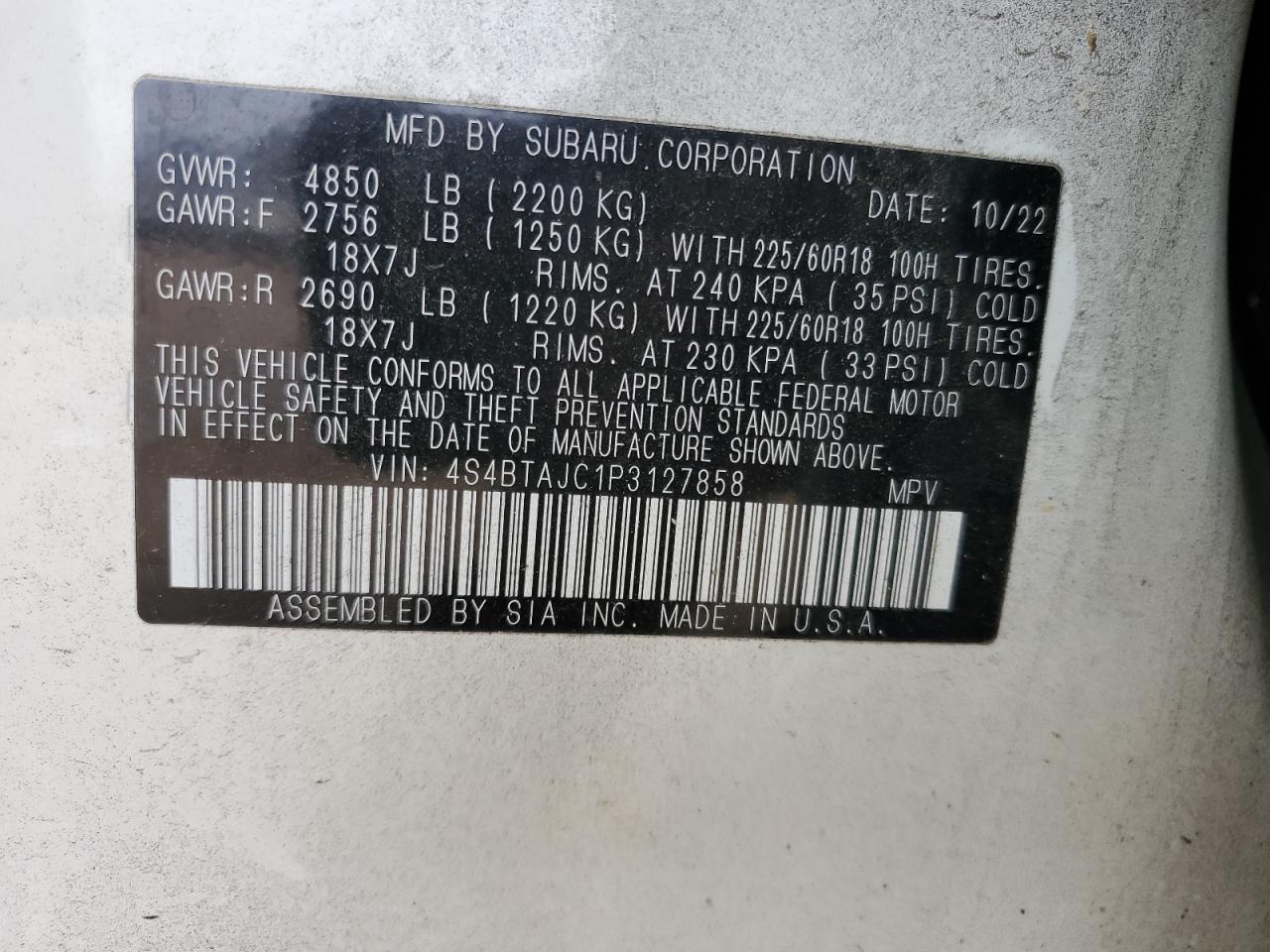 2023 SUBARU OUTBACK ONYX EDITION VIN:4S4BTAJC1P3127858