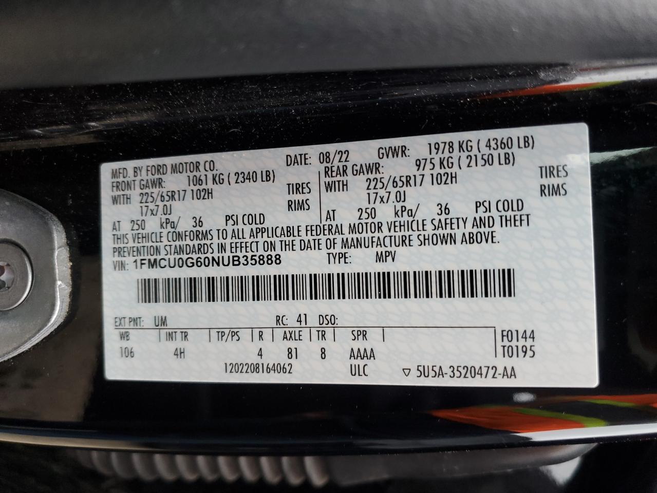 2022 FORD ESCAPE SE VIN:1FMCU0G60NUB35888