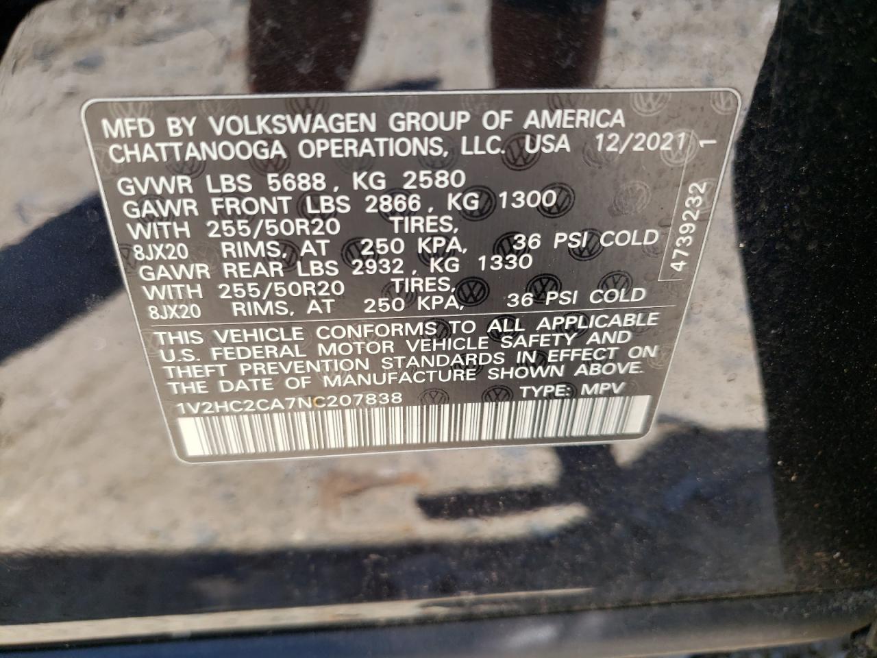 2022 VOLKSWAGEN ATLAS CROSS SPORT SE VIN:1V2HC2CA7NC207838
