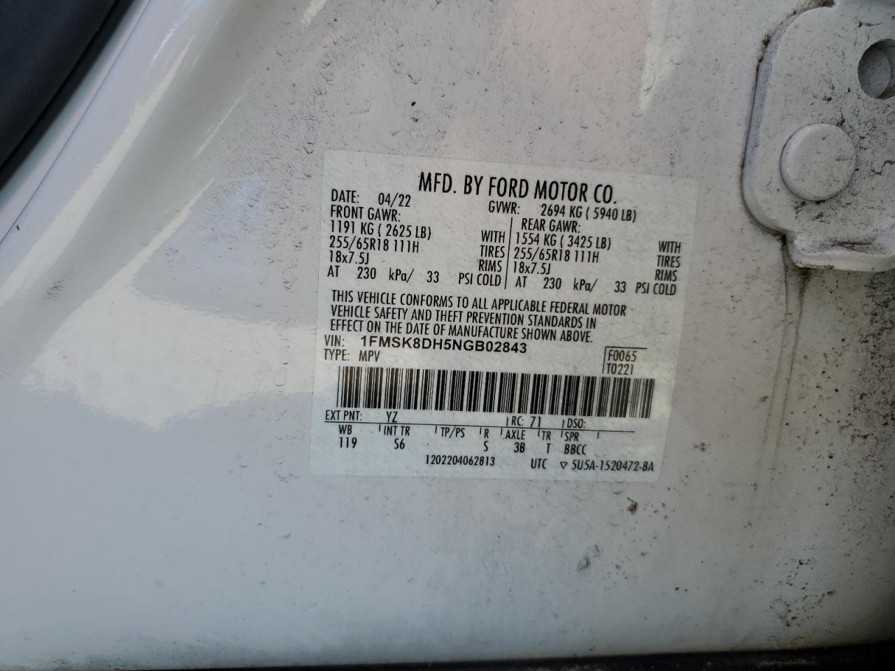 2022 FORD EXPLORER XLT VIN:1FMSK8DH5NGB02843
