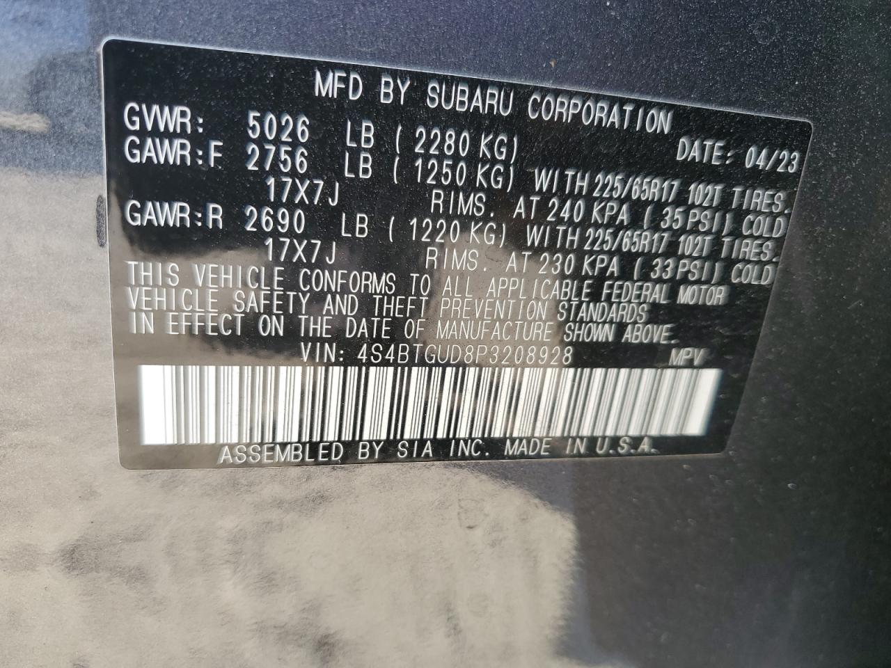 2023 SUBARU OUTBACK WILDERNESS VIN:4S4BTGUD8P3208928