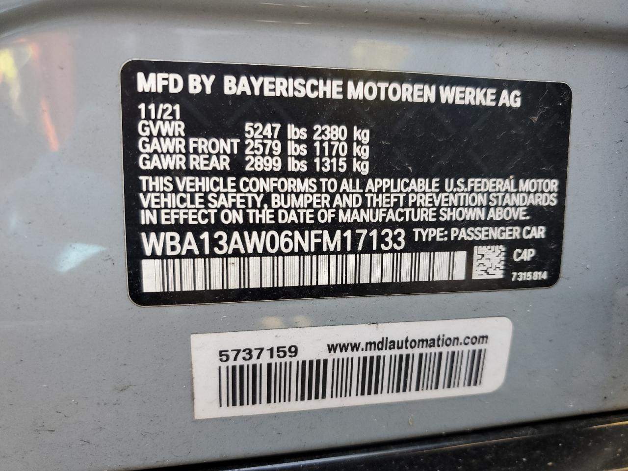 2022 BMW M440XI GRAN COUPE VIN:WBA13AW06NFM17133