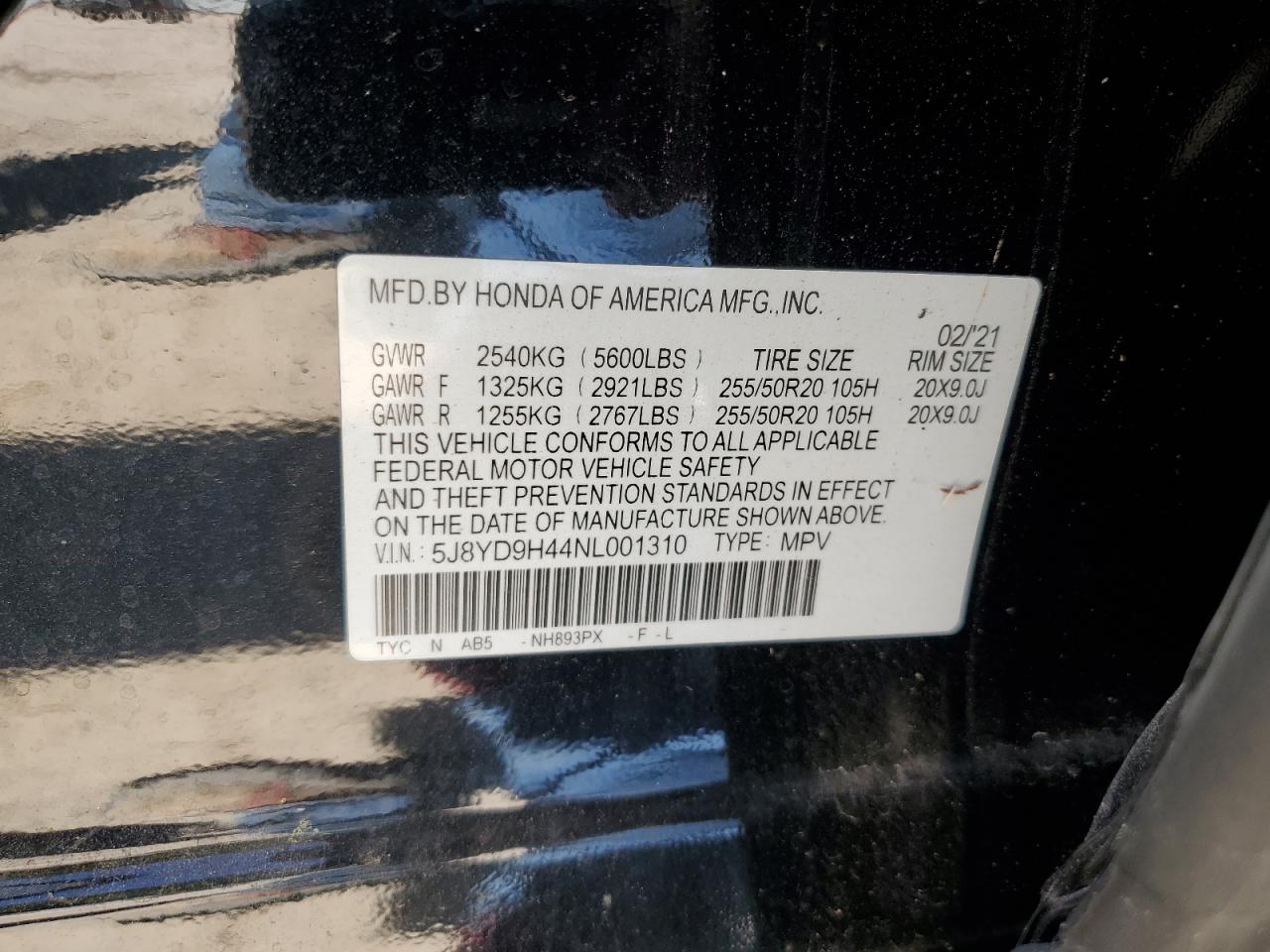 2022 ACURA MDX TECHNOLOGY VIN:5J8YD9H44NL001310